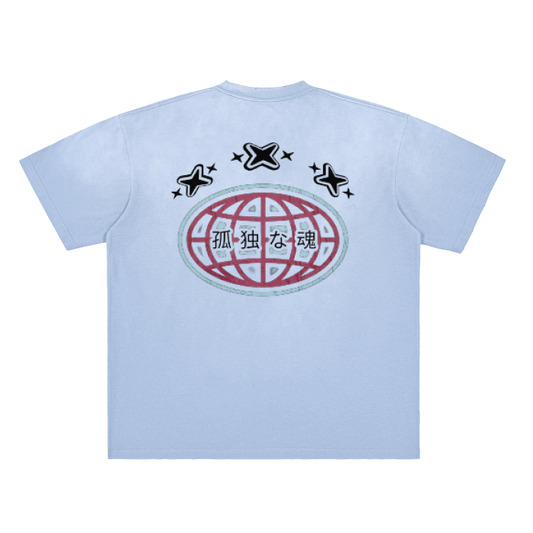 (Blue Gray&Blue&Purple) Vintage Washed Aged Gradient Frayed T-Shirt - 250 GSM